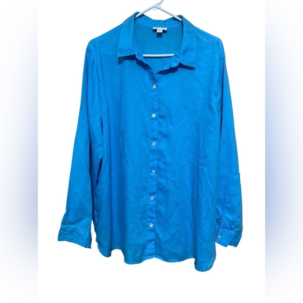 J Jill Love Linen 100% Linen Blue Long Sleeve Button Front XL Shirt Top.